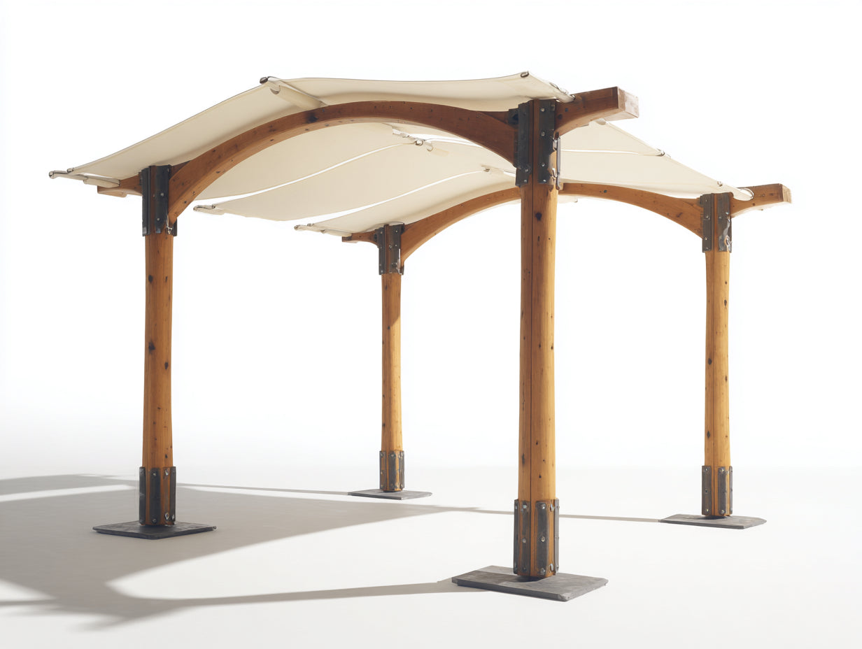Pergola da giardino - legno - metallo - tessuto - 420x320x270 cm - marrone-crema - stile contemporaneo con copertura curva