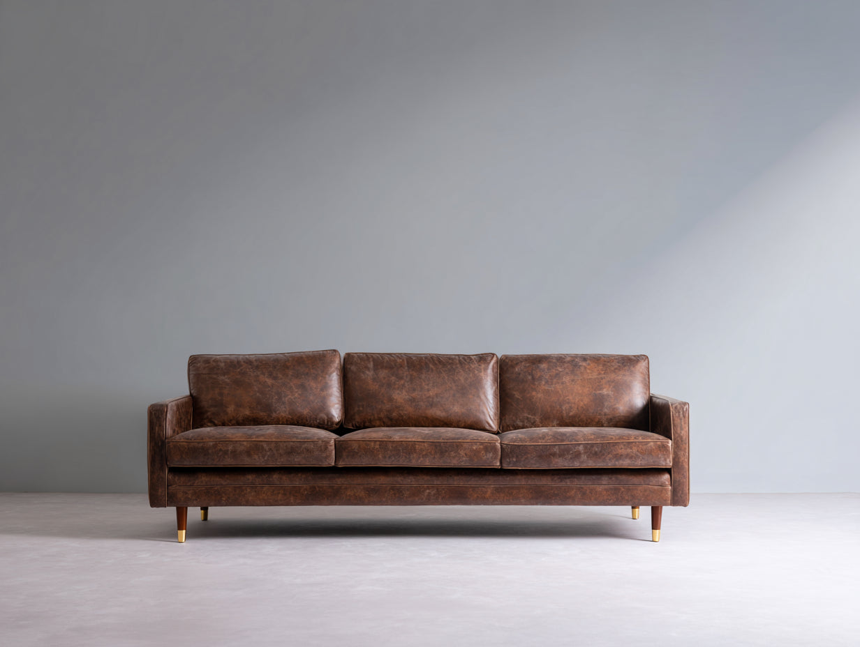 Divano a 3 posti-Pelle-222x93x86 cm-Marrone-Stile mid century moderno