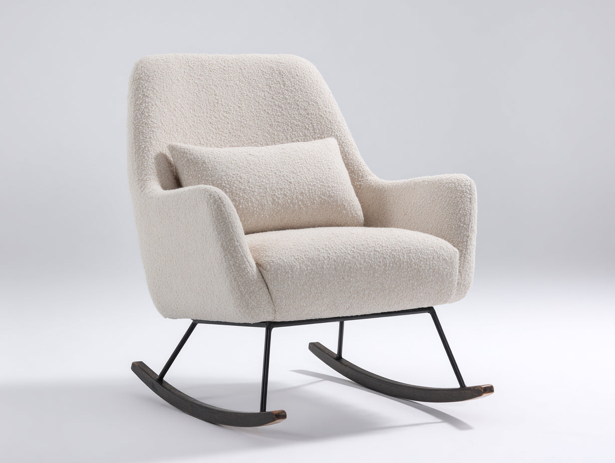 Sedia a dondolo-tessuto bouclé-metallo-legno-92x79x100 cm-beige chiaro-contemporaneo