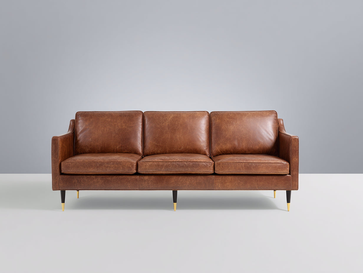 Divano a 3 posti-Pelle vintage-226x95x87 cm-Marrone-Stile mid century industriale