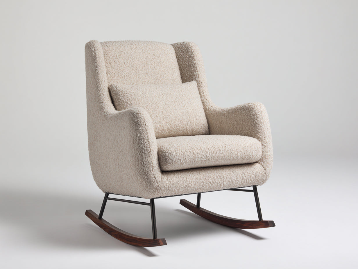 Sedia a dondolo-tessuto bouclé-metallo-legno-91x79x101 cm-beige sabbia-contemporaneo
