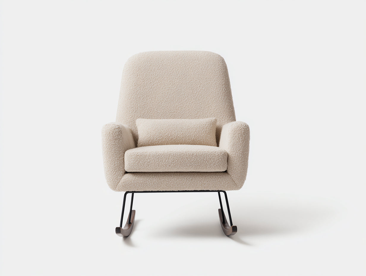 Sedia a dondolo-tessuto bouclé-metallo-legno-86x75x95 cm-beige caldo-moderno