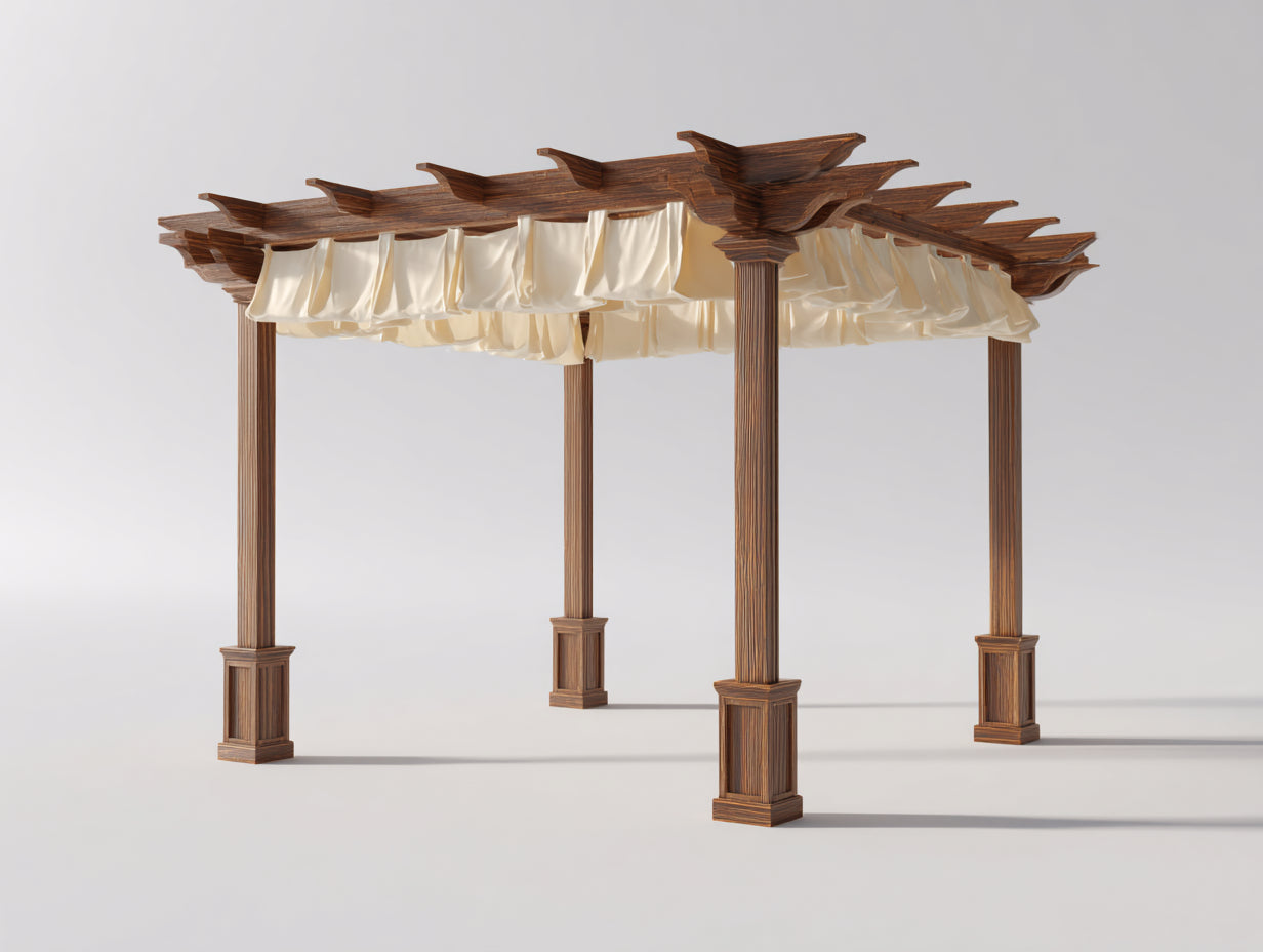 Pergola da giardino - legno - tessuto - 380x300x276 cm - marrone-crema - stile classico con copertura drappeggiata