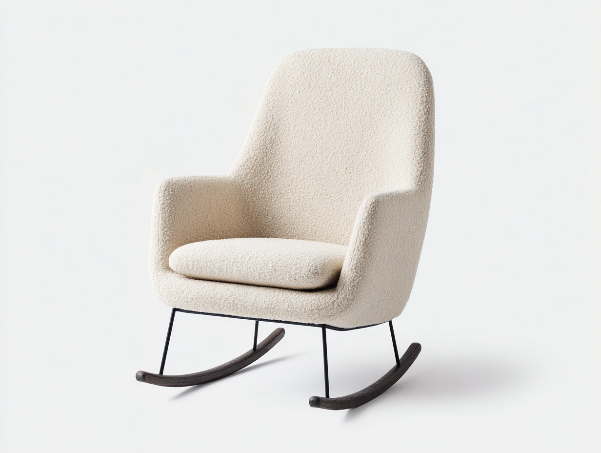 Sedia a dondolo-tessuto bouclé-metallo-legno-90x77x98 cm-crema-contemporaneo