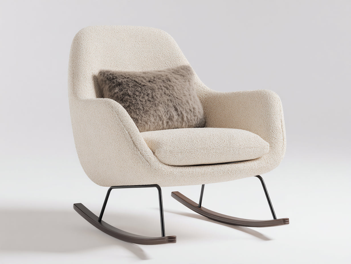 Sedia a dondolo-tessuto bouclé-metallo-legno-93x80x99 cm-crema naturale-nordico