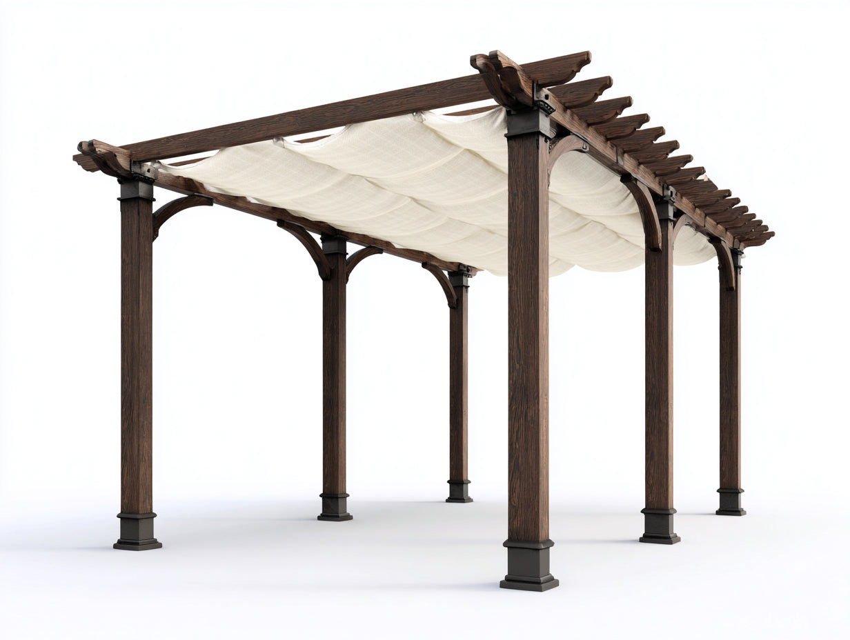 Pergola da giardino - legno - metallo - tessuto - 520x330x285 cm - marrone scuro-crema - stile classico con copertura ondulata