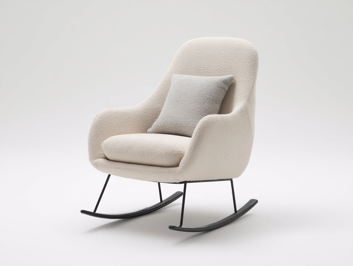 Sedia a dondolo-tessuto bouclé-metallo-legno-88x77x97 cm-crema moderno-contemporaneo