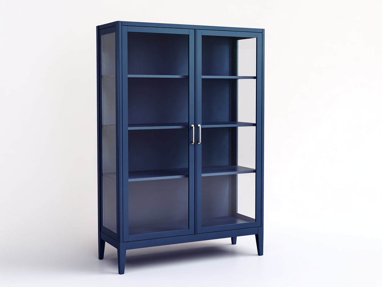 Librerie - pannelli effetto legno - vetro - metallo - 104x42x158 cm - blu scuro-oro - stile contemporaneo
