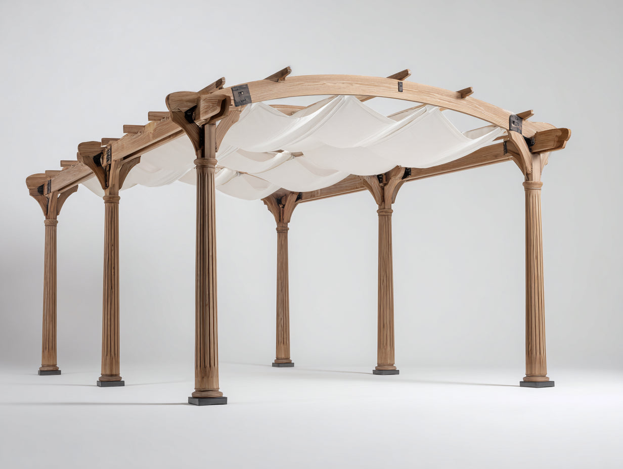 Pergola da giardino - legno - metallo - tessuto - 560x340x288 cm - naturale-bianco - stile classico con copertura ondulata