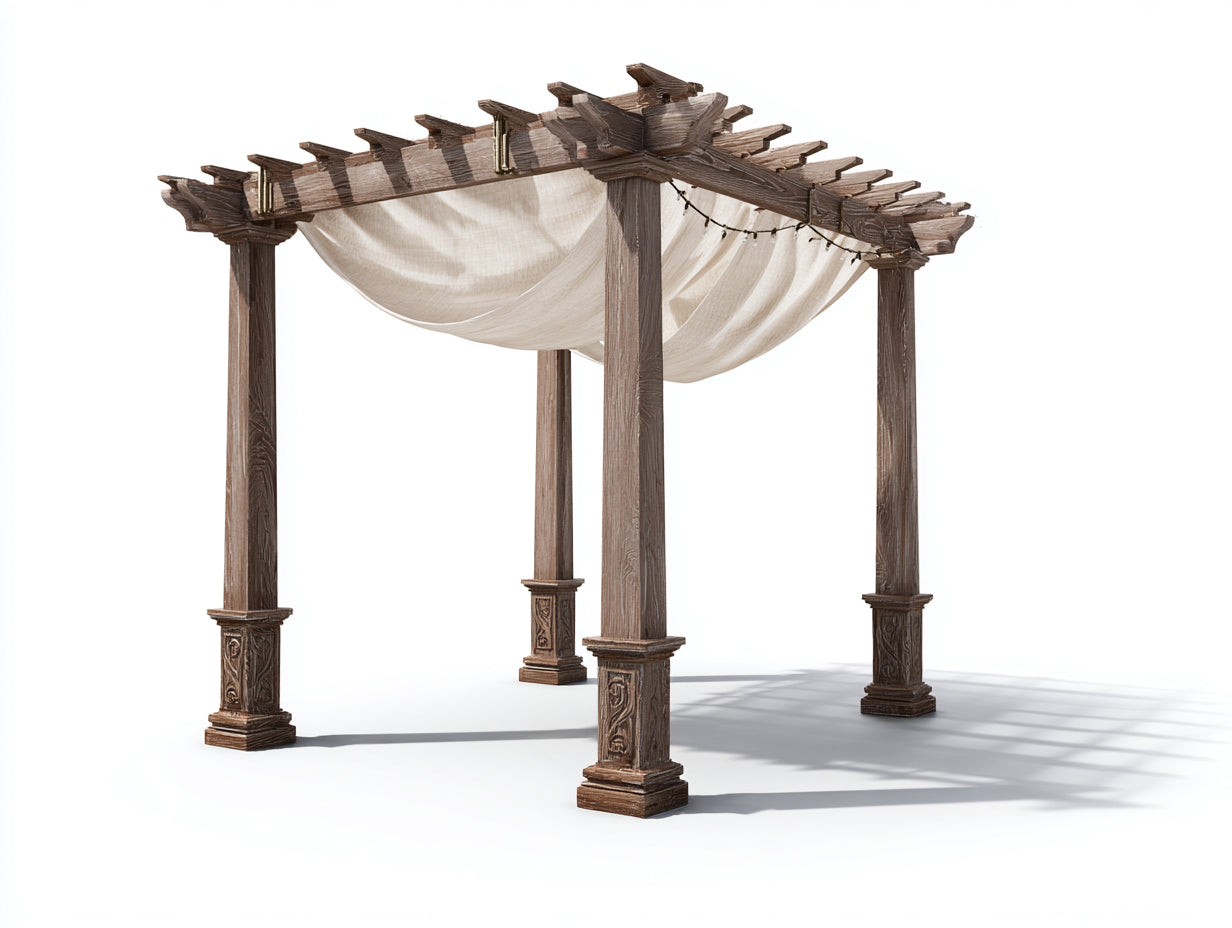 Pergola da giardino - legno - tessuto - metallo - 360x300x275 cm - marrone-crema - stile rustico con copertura drappeggiata