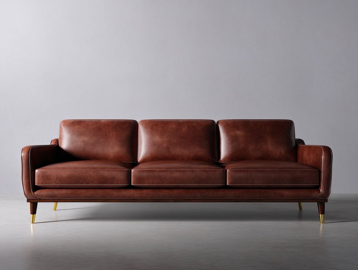 Divano a 3 posti-Pelle-225x95x88 cm-Marrone-Stile mid century moderno