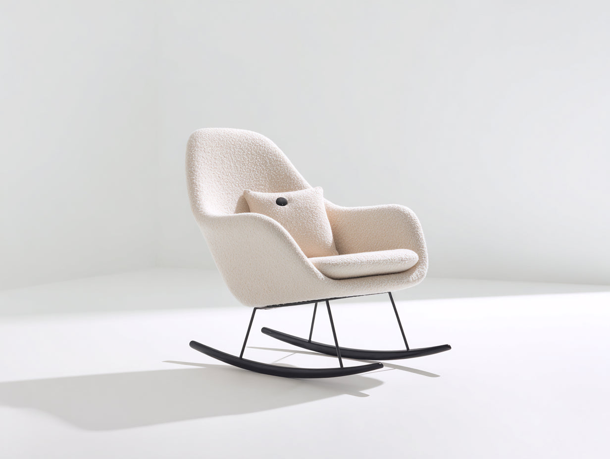 Sedia a dondolo-tessuto bouclé-metallo-legno-86x75x94 cm-avorio caldo-minimalista