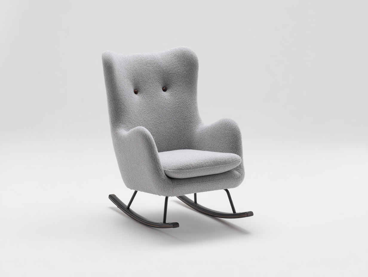 Sedia a dondolo-tessuto bouclé-metallo-legno-83x73x102 cm-grigio chiaro-vintage
