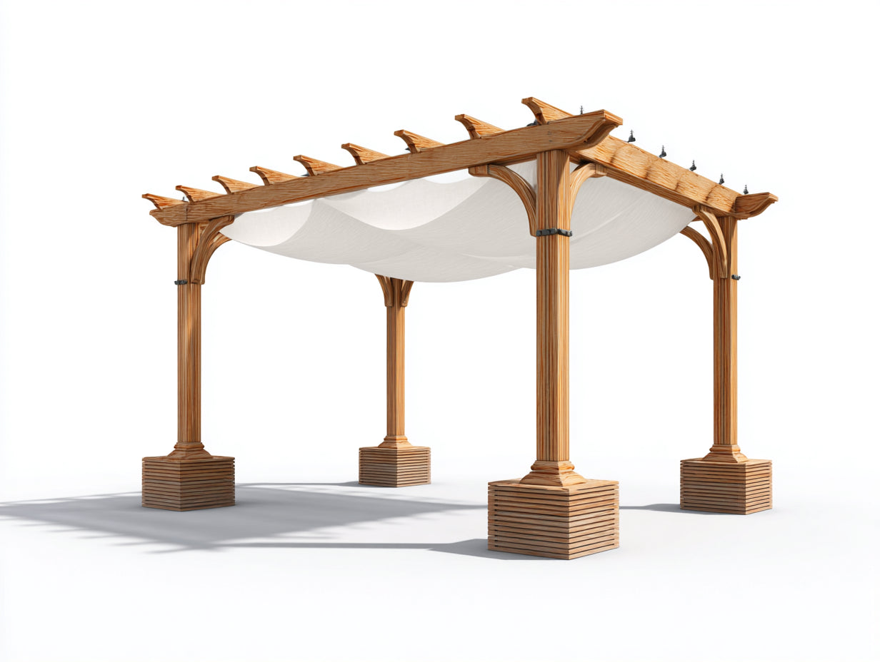 Pergola da giardino - legno - metallo - tessuto - 460x340x285 cm - naturale-bianco - stile classico con copertura ondulata