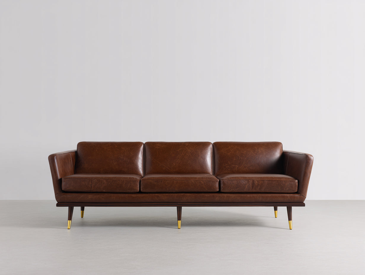 Divano a 3 posti-Pelle vintage-224x94x87 cm-Marrone-Stile mid century industriale