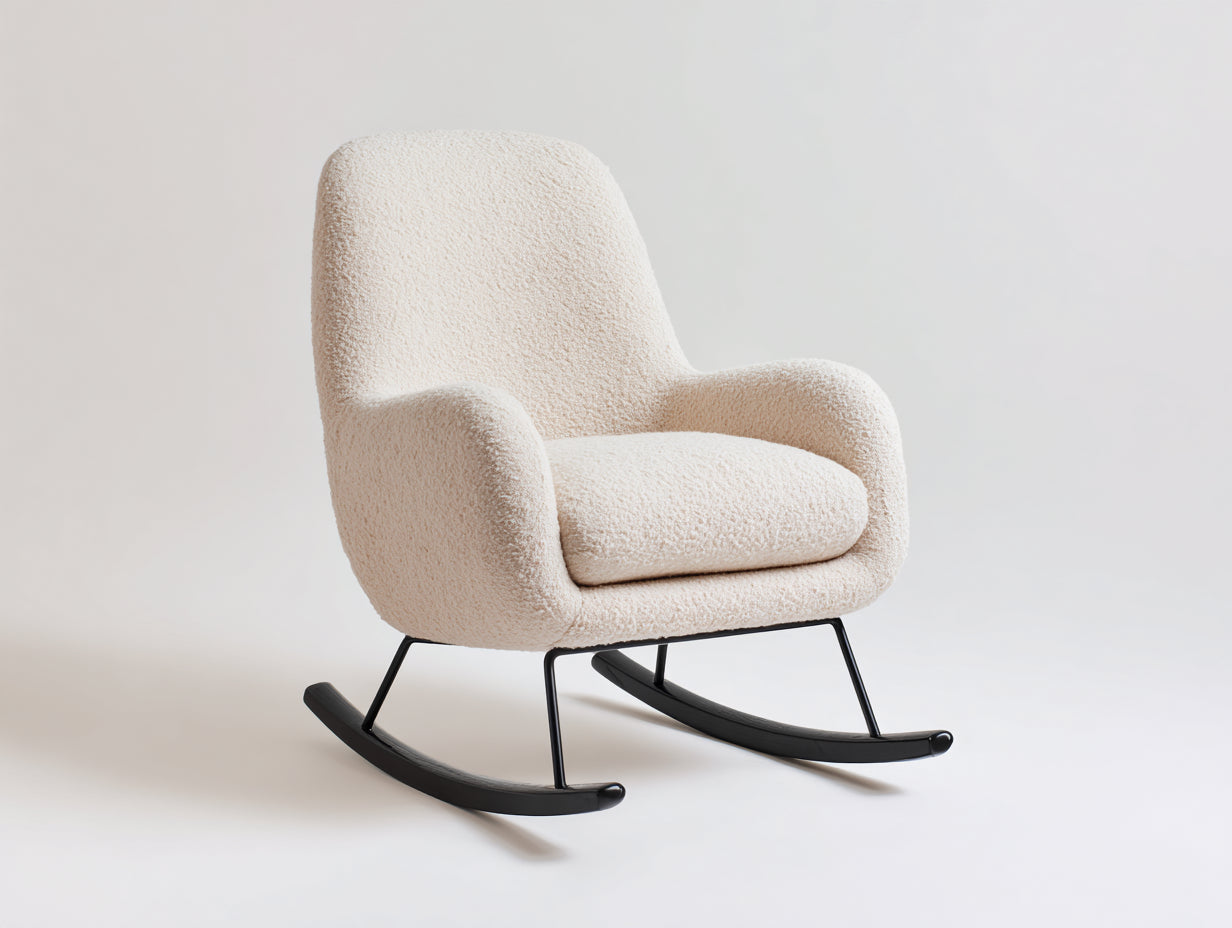 Sedia a dondolo-tessuto bouclé-metallo-legno-87x76x97 cm-panna-moderno