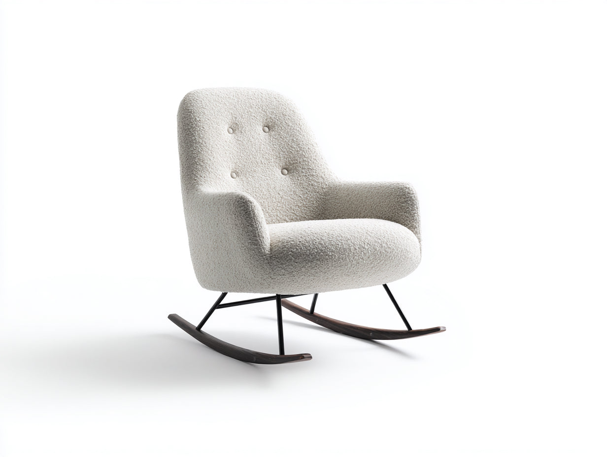 Sedia a dondolo-tessuto bouclé-metallo-legno-88x76x94 cm-avorio-moderno