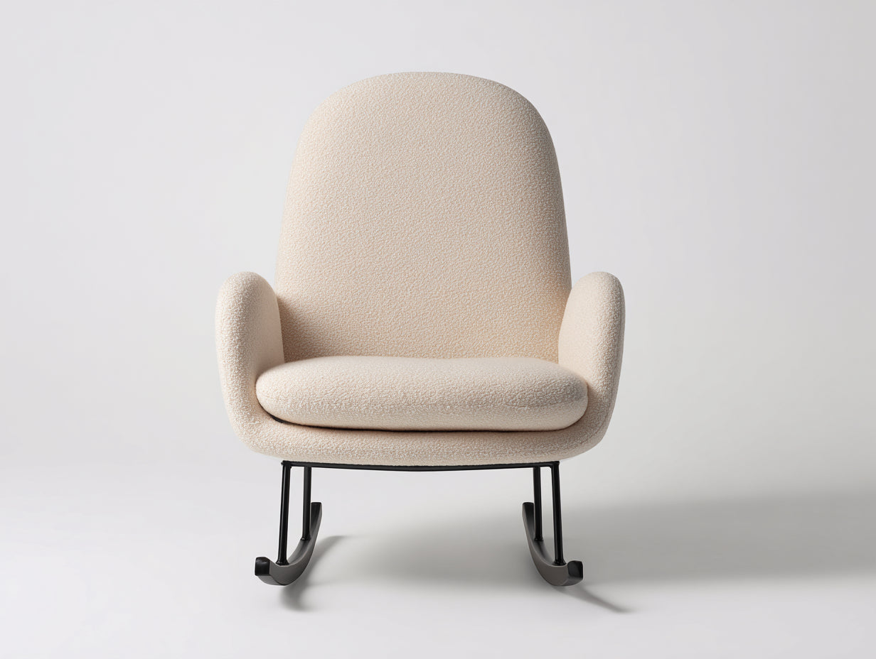 Sedia a dondolo-tessuto bouclé-metallo-legno-84x74x96 cm-crema chiaro-minimalista